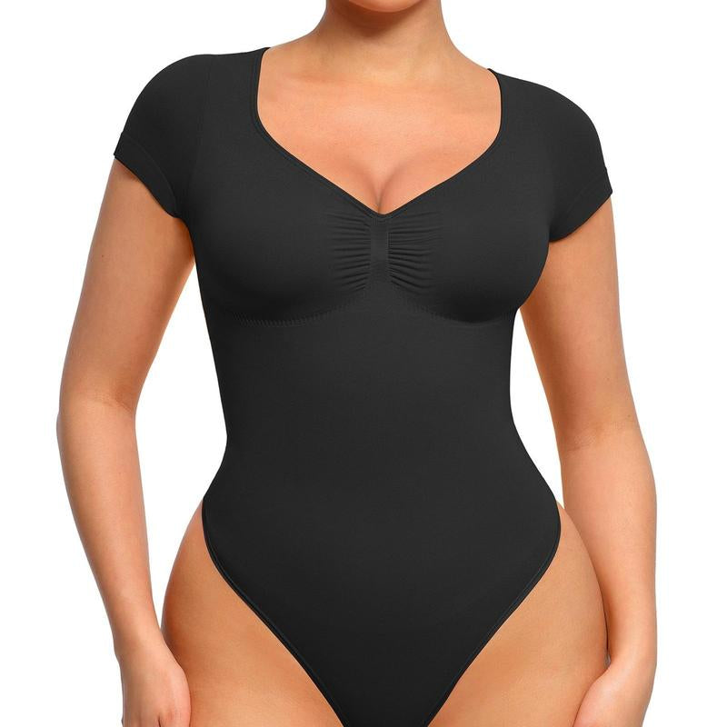 Feelingirl Women'S Short Sleeve Bodysuit for Tummy Control V Neck Seamless Body Suits Thong Going Out Tops Tiktokshopblackfriday Shapewear Womenswear Compression Elegant Fitted