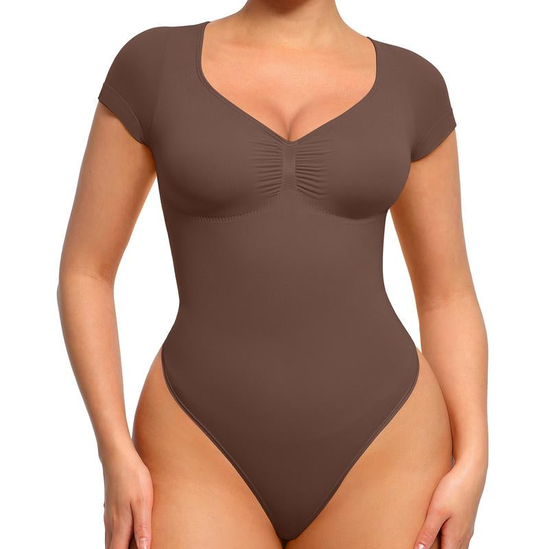 Feelingirl Women'S Short Sleeve Bodysuit for Tummy Control V Neck Seamless Body Suits Thong Going Out Tops Tiktokshopblackfriday Shapewear Womenswear Compression Elegant Fitted