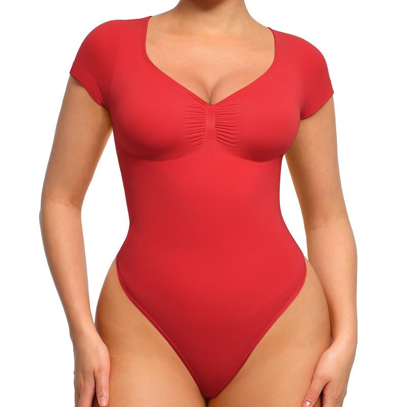 Feelingirl Women'S Short Sleeve Bodysuit for Tummy Control V Neck Seamless Body Suits Thong Going Out Tops Tiktokshopblackfriday Shapewear Womenswear Compression Elegant Fitted