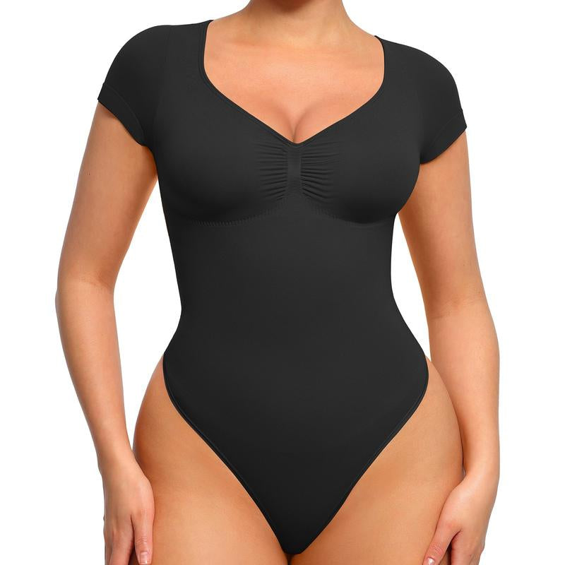 Feelingirl Women'S Short Sleeve Bodysuit for Tummy Control V Neck Seamless Body Suits Thong Going Out Tops Tiktokshopblackfriday Shapewear Womenswear Compression Elegant Fitted